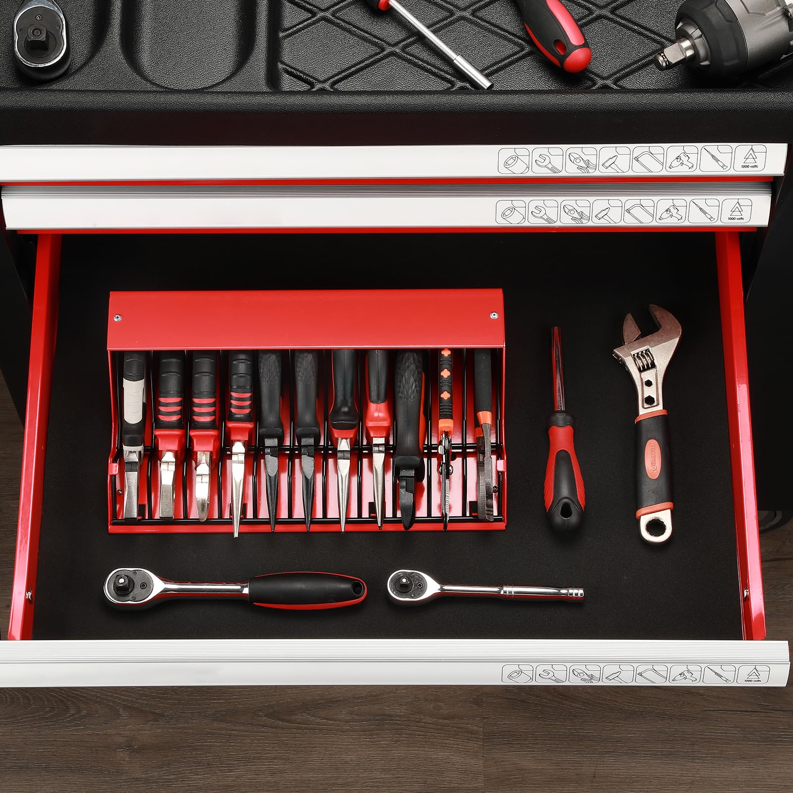 Mayouko compact metal organizer frees bench space and reduces clutter.