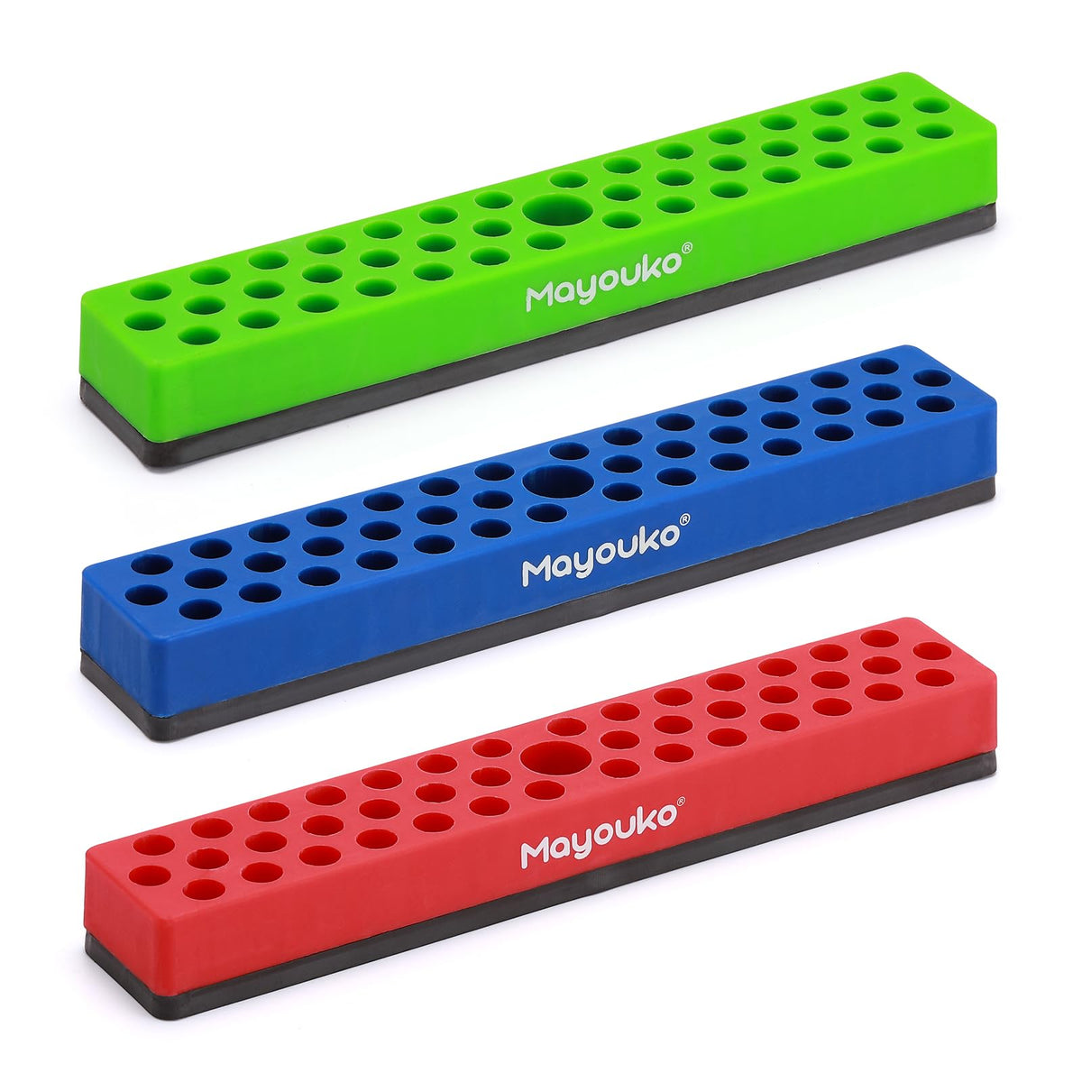 Mayouko magnetic hex bit holder rack front view shows organized 1/4-inch bits