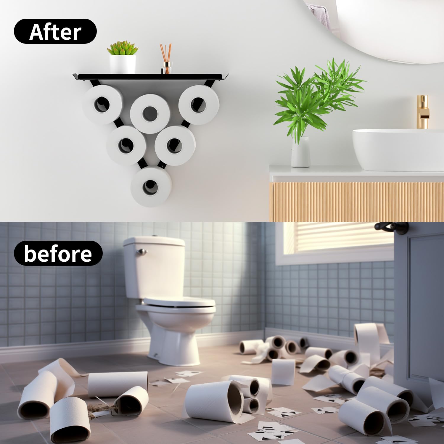 MAYZOLOP bathroom shelf holds multiple rolls, saving space and reducing clutter.