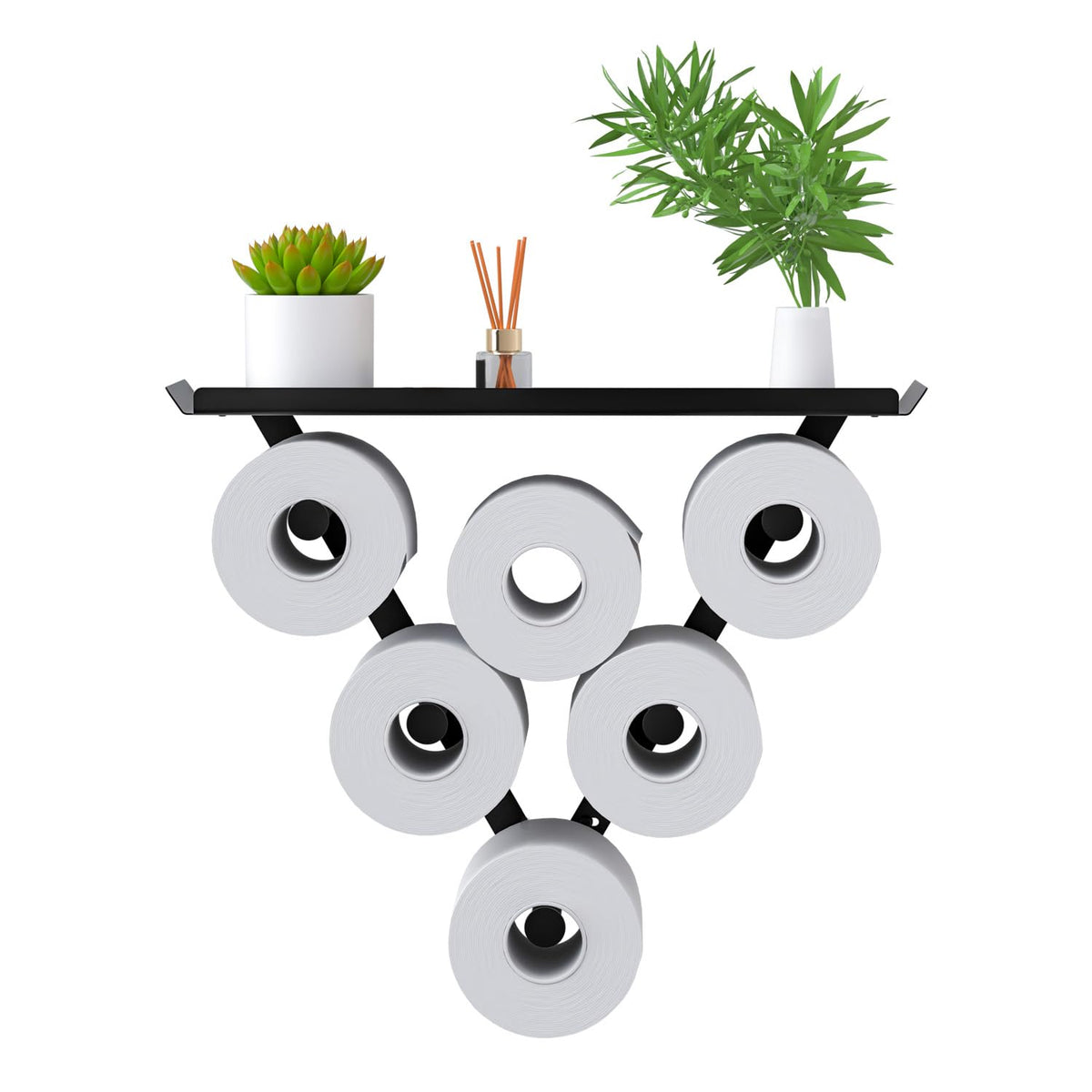 MAYZOLOP toilet paper holder rack on wall; stores up to 12 rolls for tidy bathroom storage.