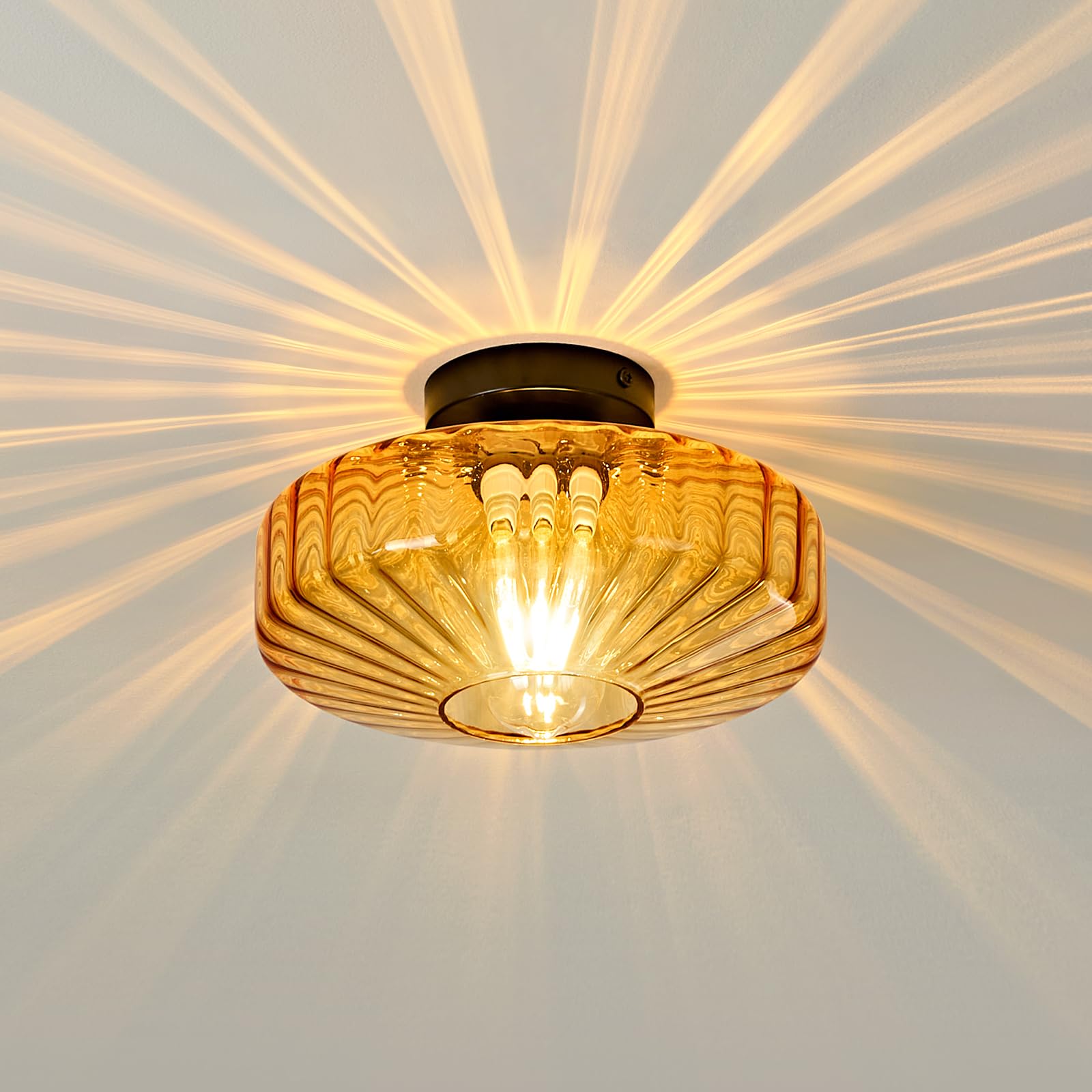 Mazu House glass semi-flush light featuring amber drum shade for warm hallway ambience.