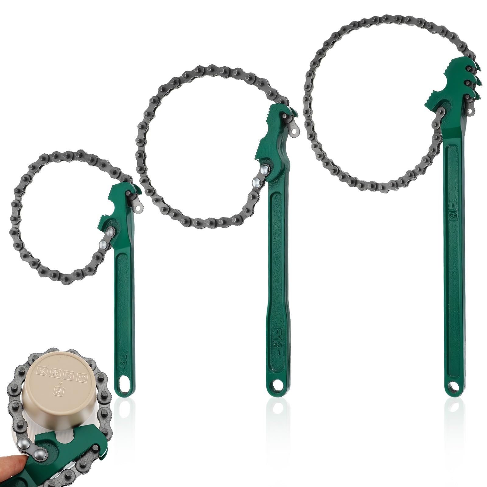MBAIYO 9-inch chain wrench grips stubborn oil filters without slipping.