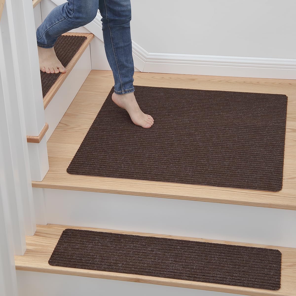 MBIGM non-slip stair tread 30x30 brown landing rug improves safety on stairs.