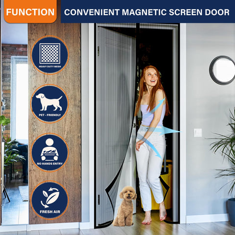 Mdavo mesh door closure highlights magnets for seamless doorway passage.