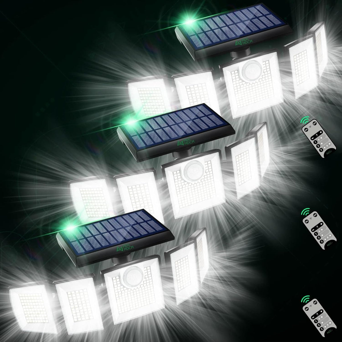 MDCMDCM solar lights outdoors with 416 LEDs delivering 3000 lumens for wide nighttime visibility.