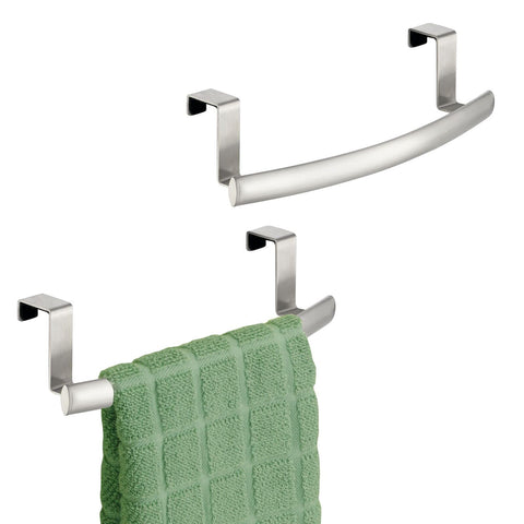 mDesign steel over-door curved towel bar in brushed chrome keeps towels organized.