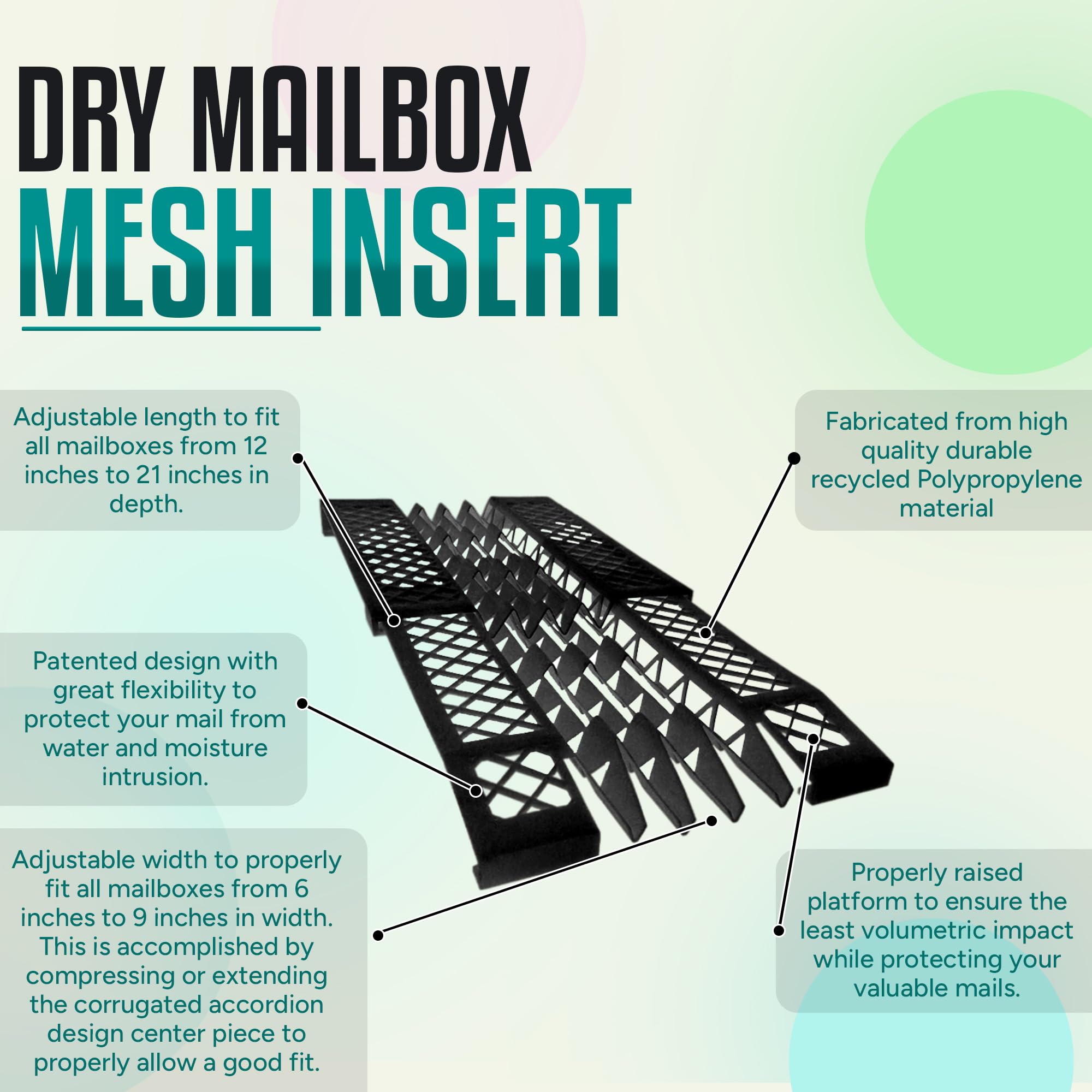 MDLMI patented mesh design promotes drainage while elevating mail in wet weather.