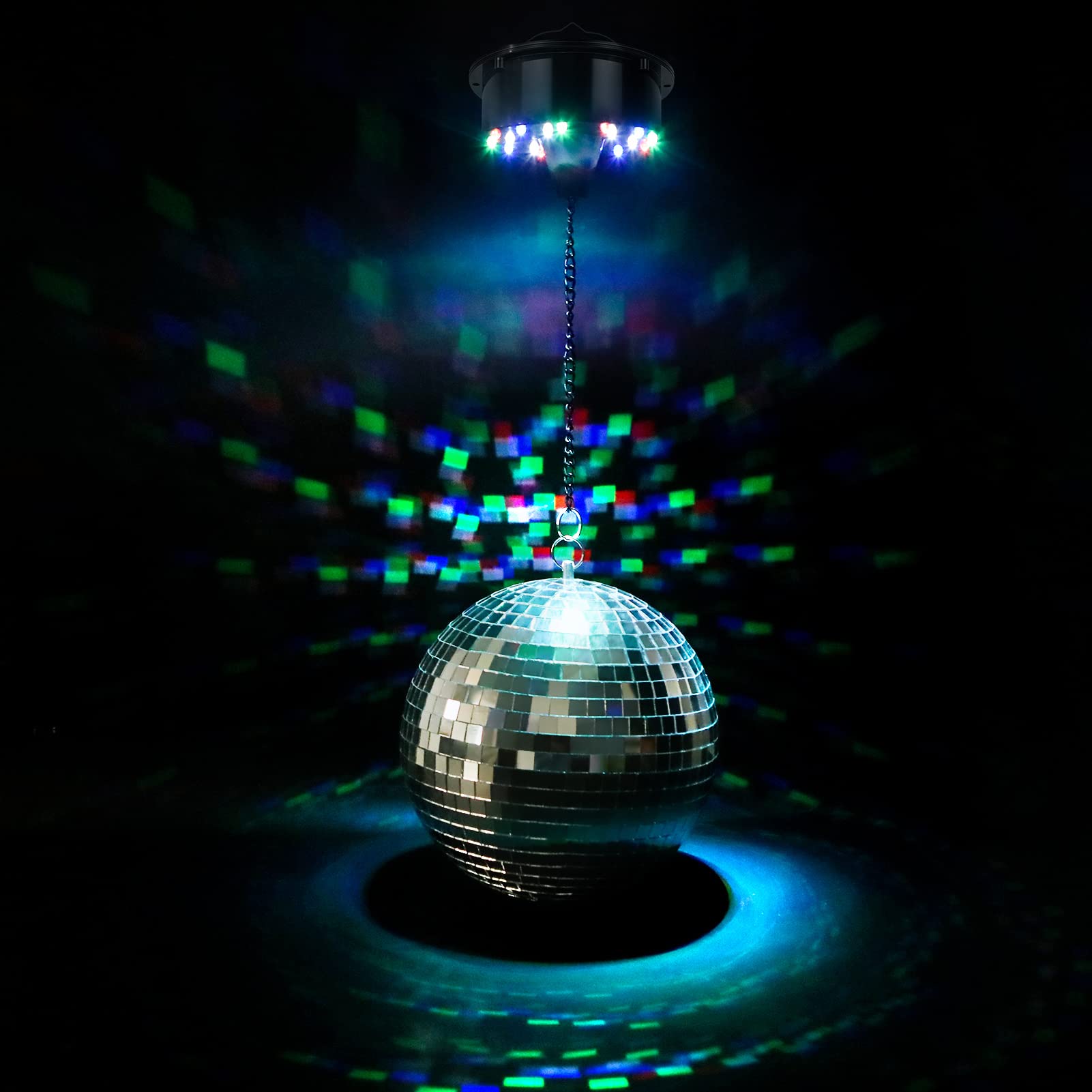 Meagoo 8-inch disco ball with glass tiles creates sharp, shimmering reflections.