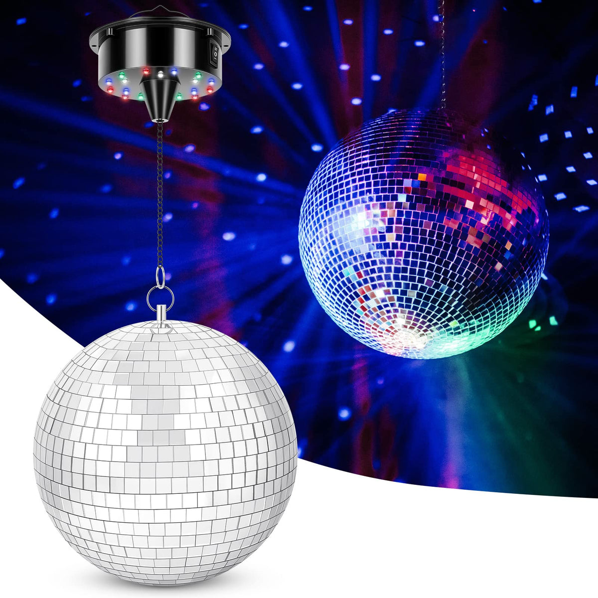 Meagoo disco ball rotating motor powers dynamic party lighting with synchronized reflections.