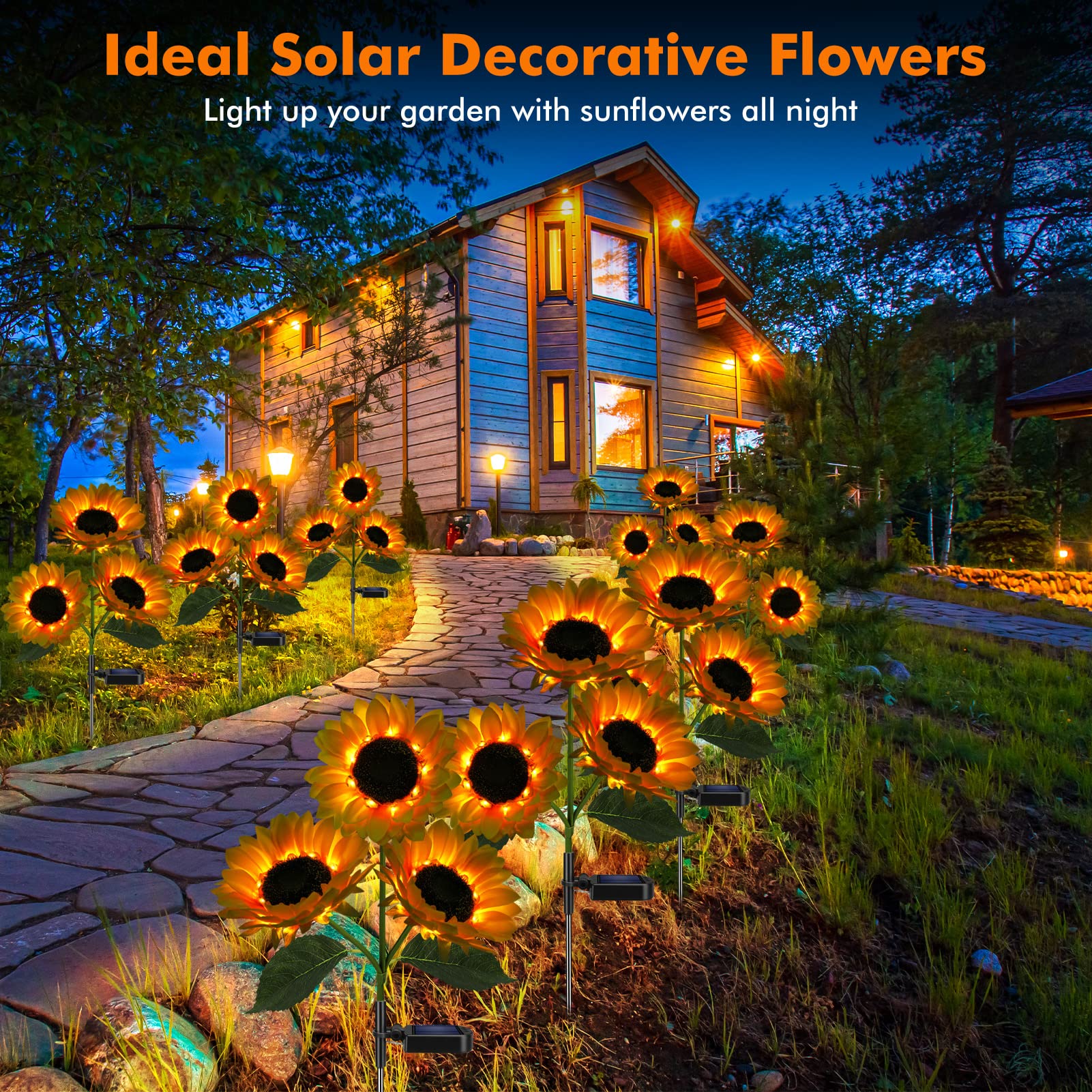 Meagoo solar sunflower light pathway row illuminates walkways with warm glow