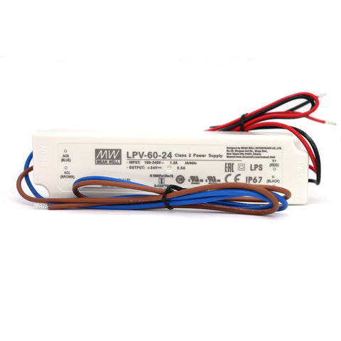 Mean Well LPV-60-24 24V output terminals enable stable LED power.