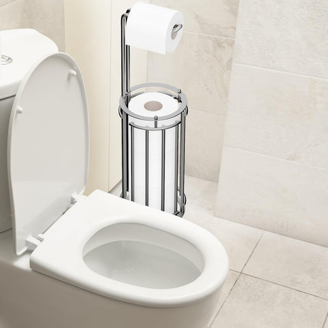 Meangood bathroom setup showcasing movable freestanding toilet paper stand.