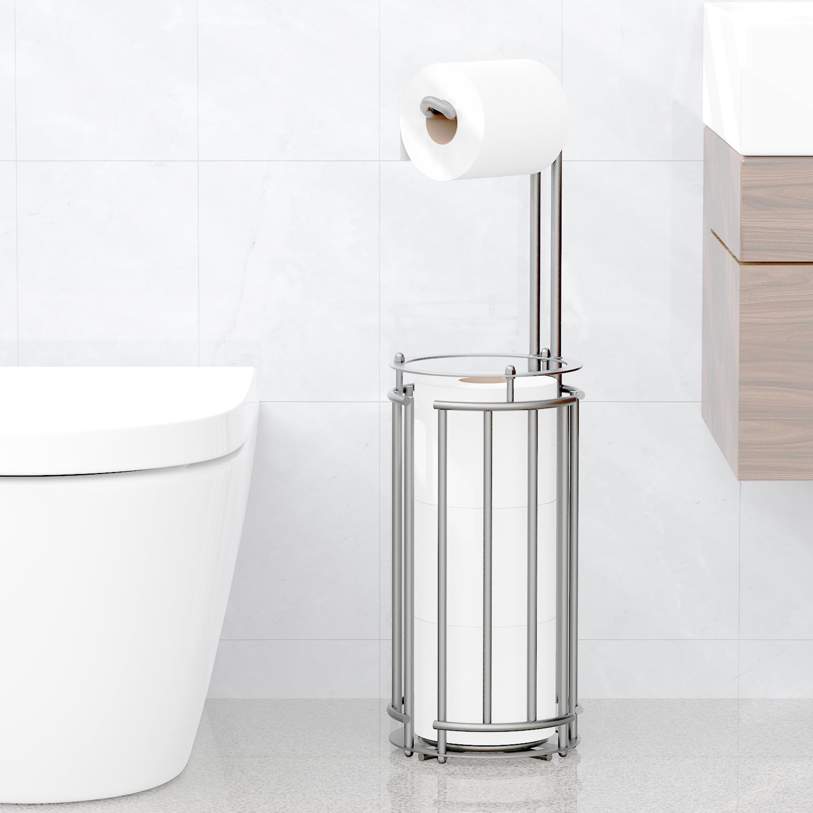 Meangood stand dispenses one roll while storing extra rolls within easy reach.