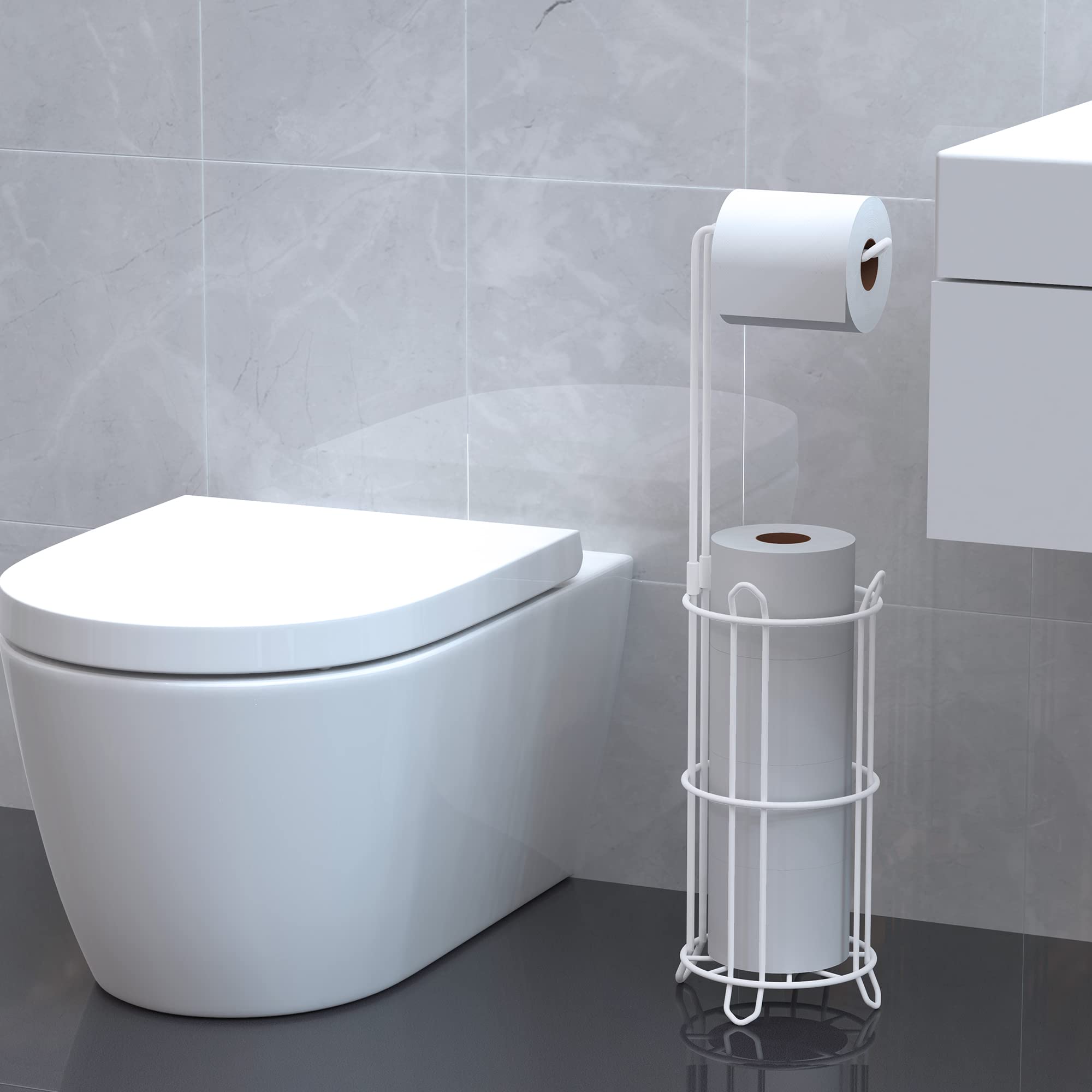 Meangood stand in a modern bathroom example showing compact storage.