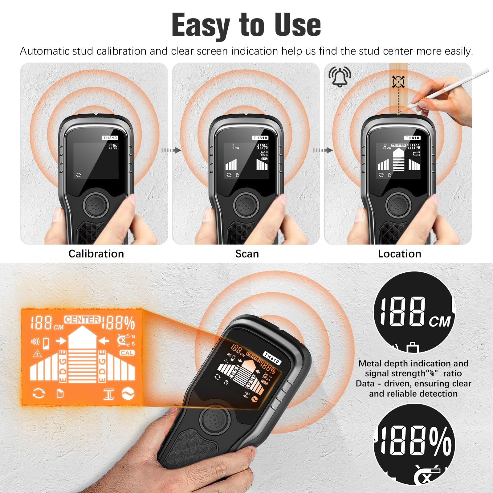 Meapro Stud Finder metal scan detects pipes and metal studs behind walls