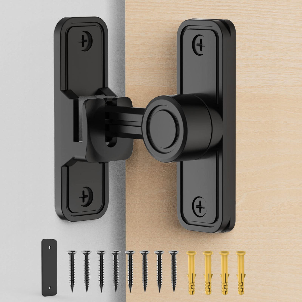 MeBantoo barn door lock close-up showing 90-degree mounting flexibility for compact spaces