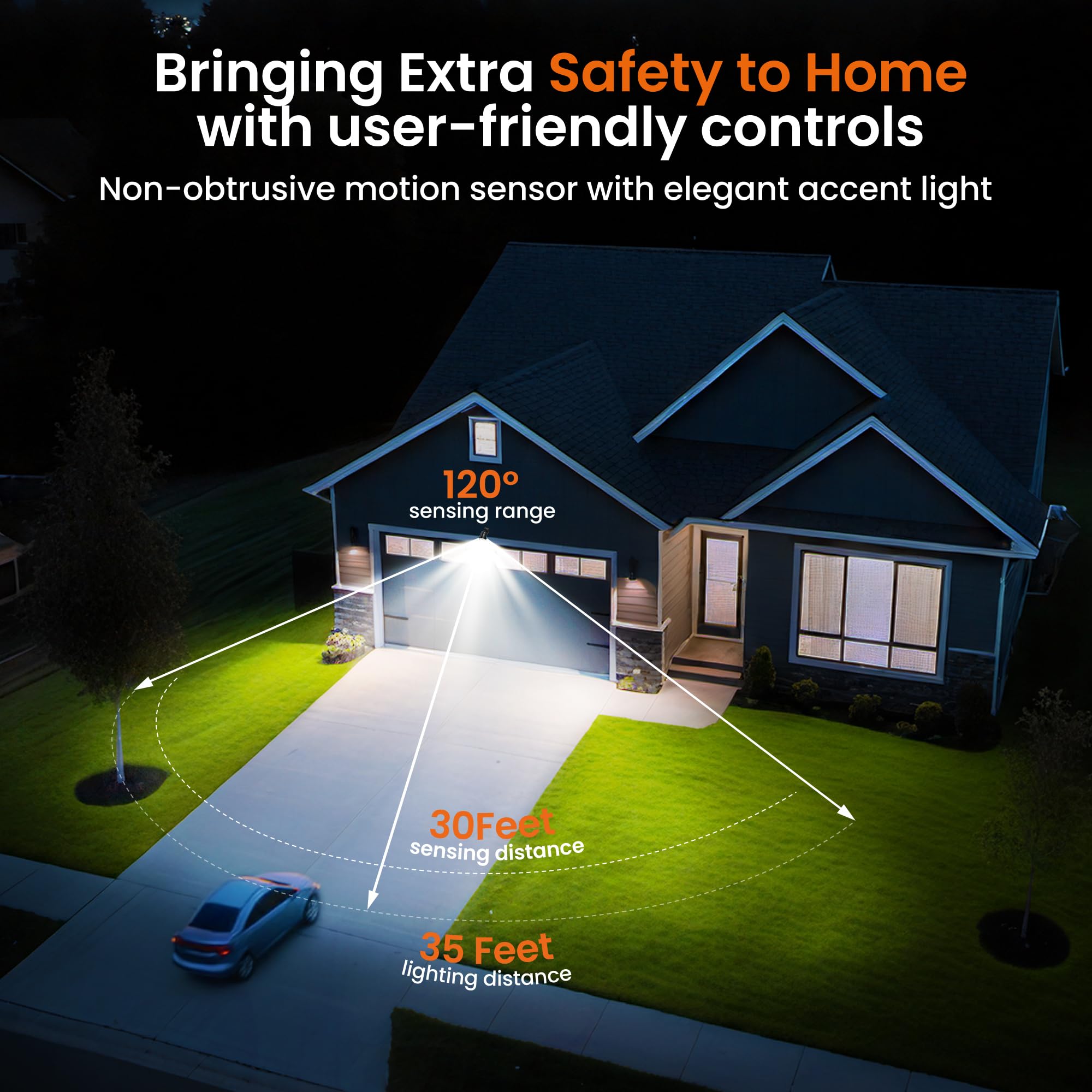 Mecanto night activation highlights 600-lumen brightness for driveways and porches.