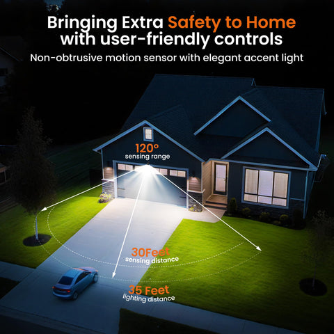 Mecanto night activation highlights 600-lumen brightness for driveways and porches.