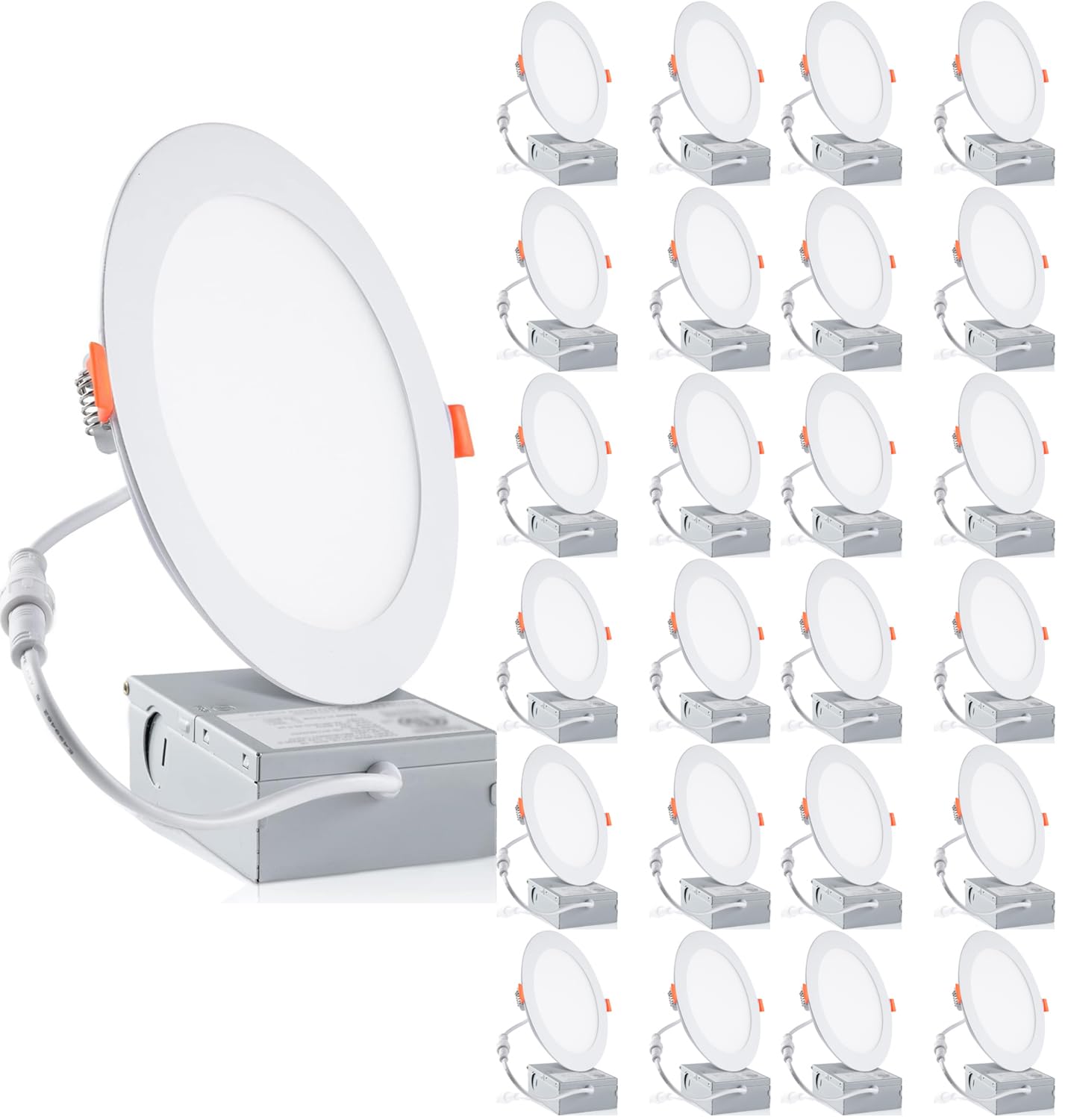 Meccein 24-pack 6-inch LED downlight emphasizes energy efficiency and bright, even ceiling lighting.