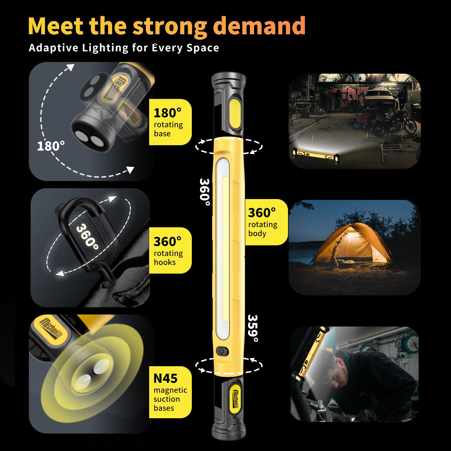 MechaniLite magnetic light bar offers 360° main light and 180° legs.