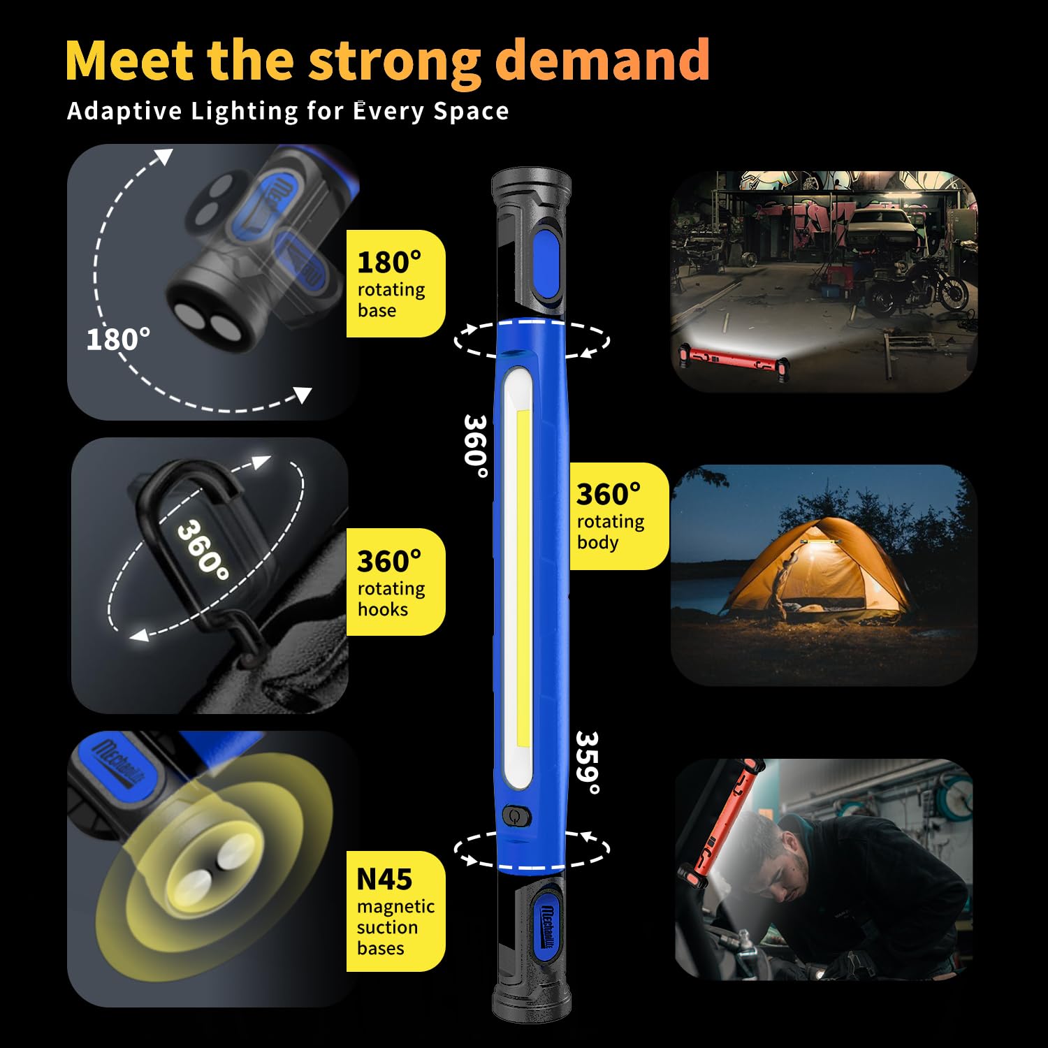 MechaniLite hood light with 180° legs for stable overhead positioning