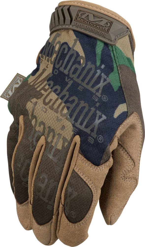 Mechanix Original Woodland Camo gloves with nylon pull strap for quick adjustment.