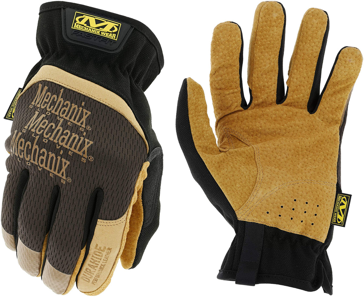 Mechanix Wear Fastfit Leather Gloves closeup showing reinforced thumb for durability.
