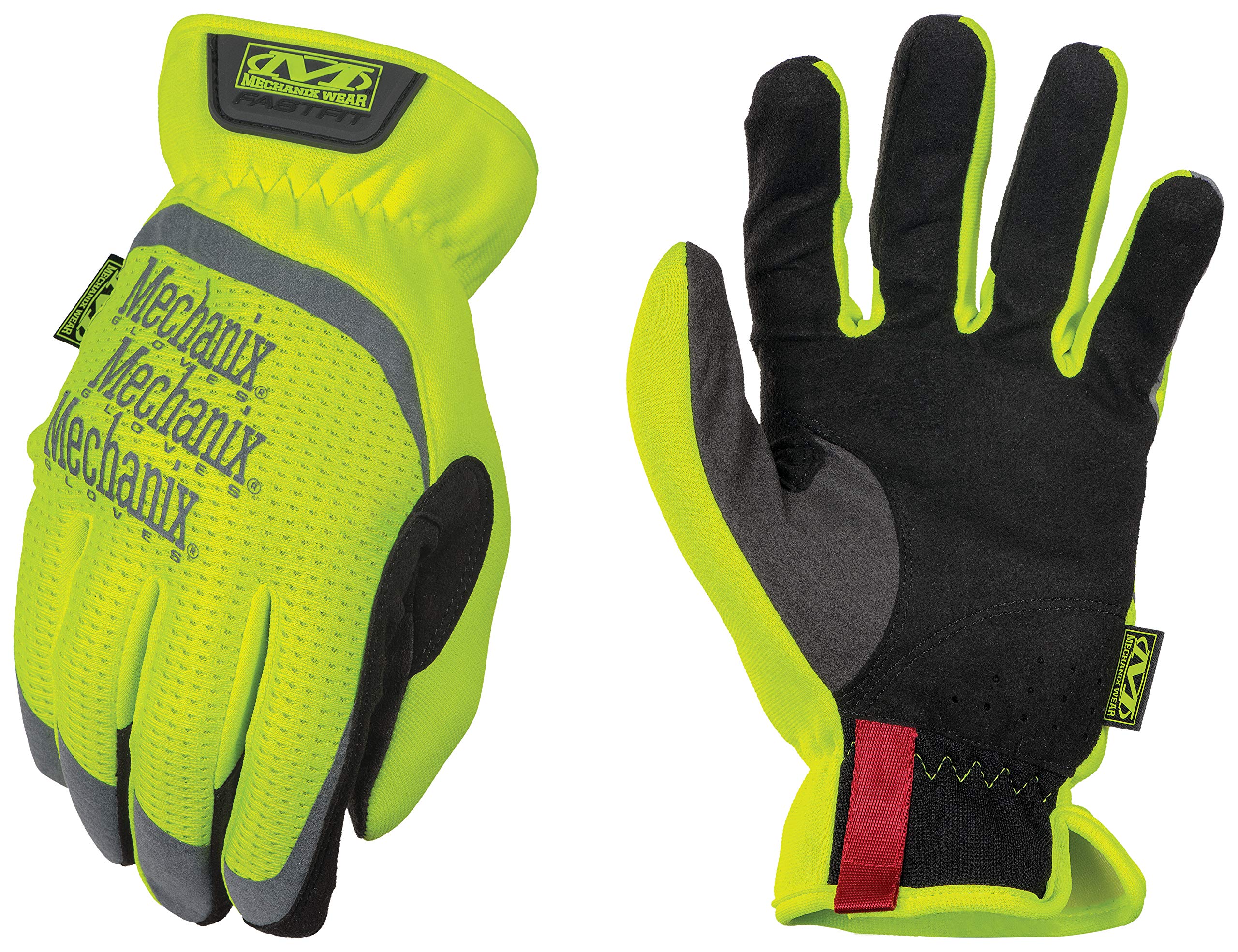 Mechanix Wear Hi-Viz FastFit gloves on hand for nighttime visibility.
