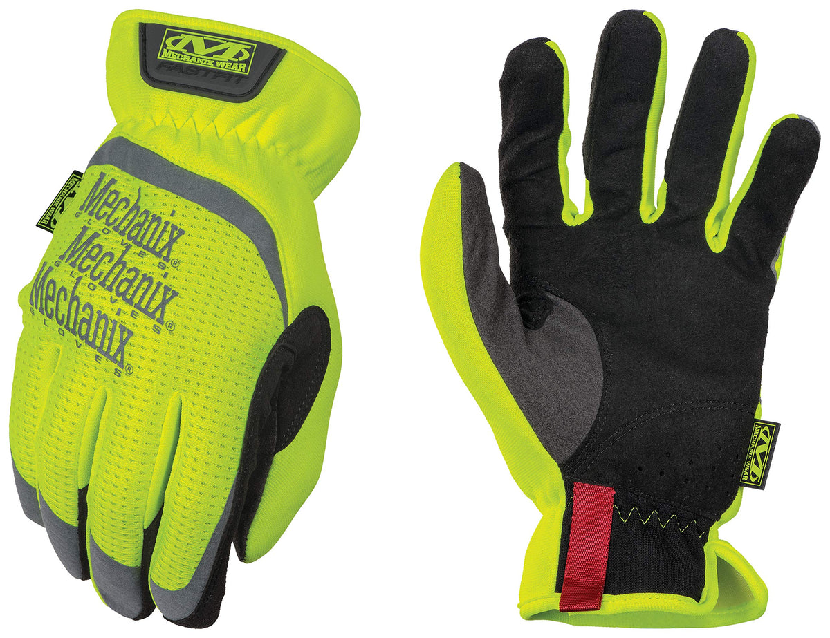 Mechanix Wear Hi-Viz FastFit gloves on hand for nighttime visibility.