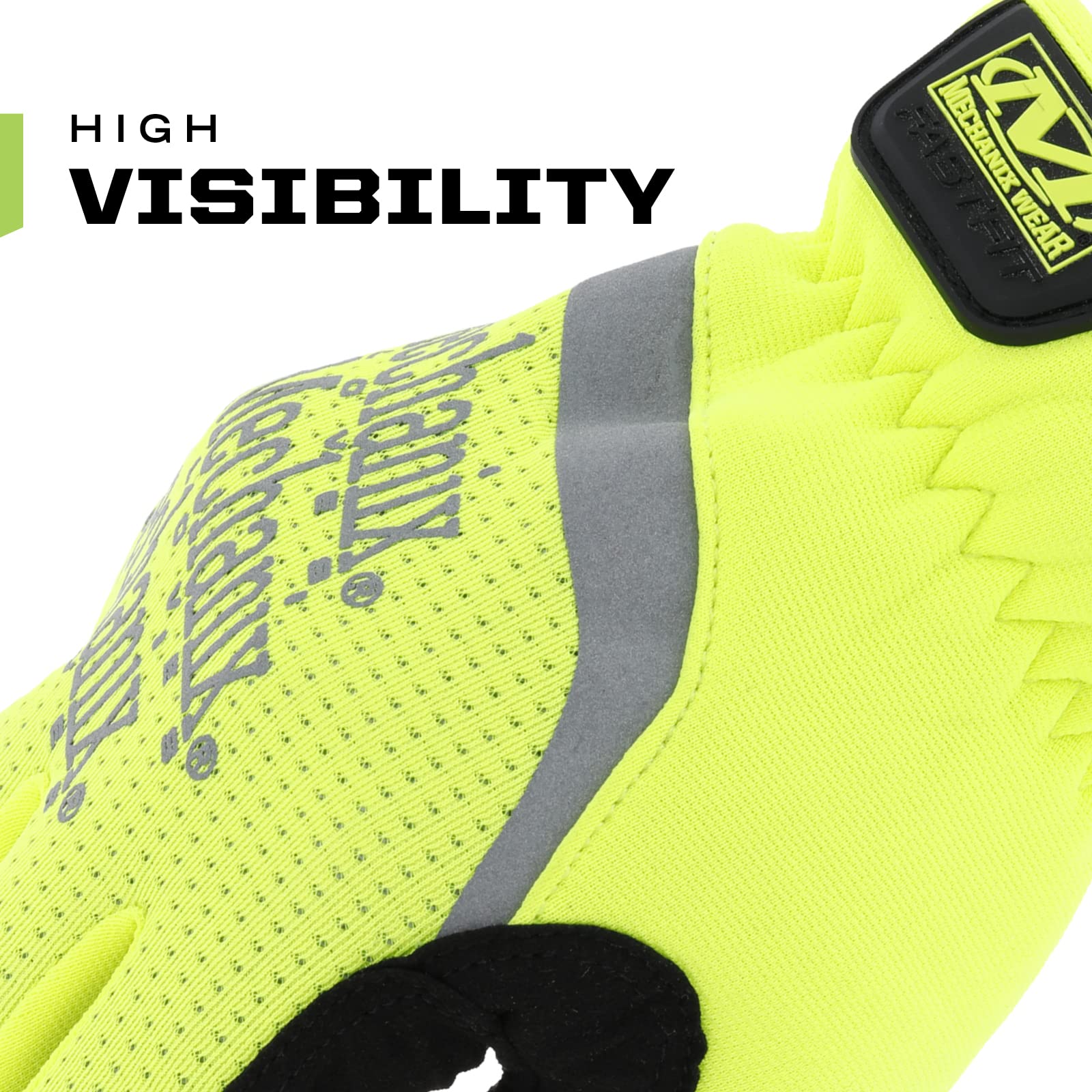 Close-up of reflective print on Mechanix Hi-Viz FastFit for jobsite visibility.
