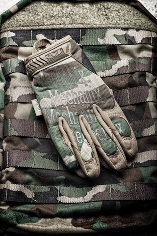 Mechanix Wear Original Woodland Camouflage Glove wrist-closure secures fit during active movement.