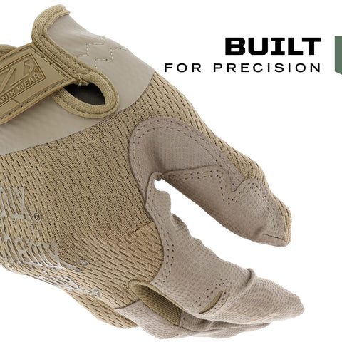 Mechanix Wear Tactical Specialty 0.5mm gloves palm close-up highlighting AX-Suede texture for tactile control.