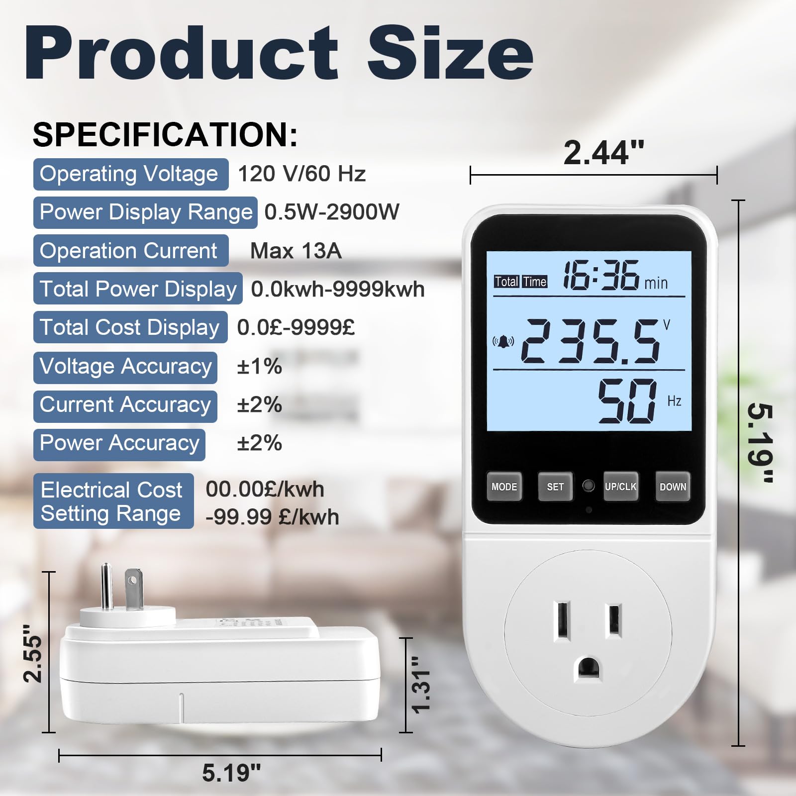 Mecheer watt meter plug backlight illuminates numbers for night use