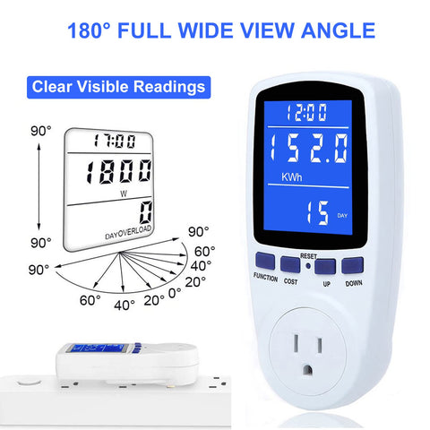 Mecheer watt meter plug backlit display supports readings day or night.