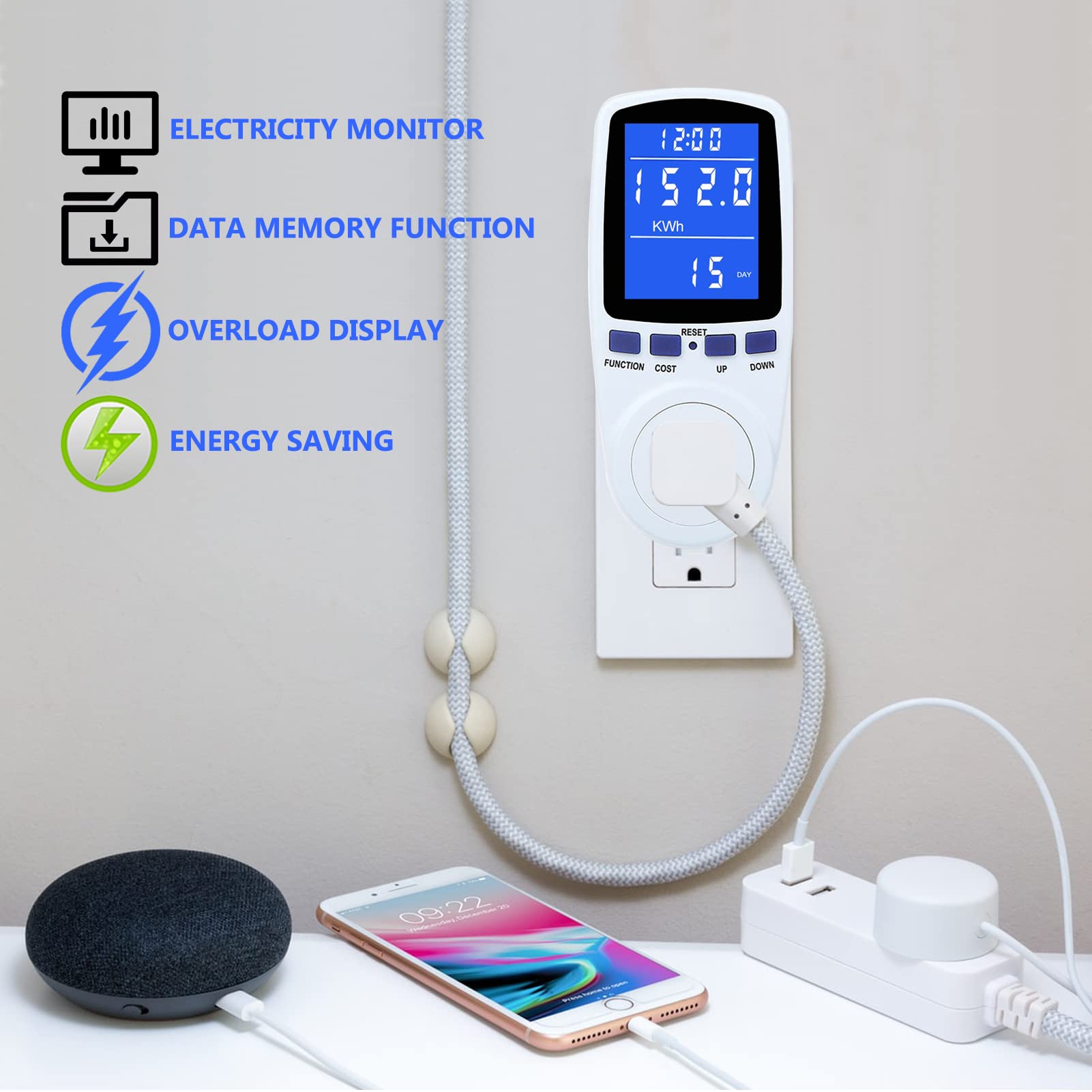 Mecheer watt meter memory feature saves last usage data.