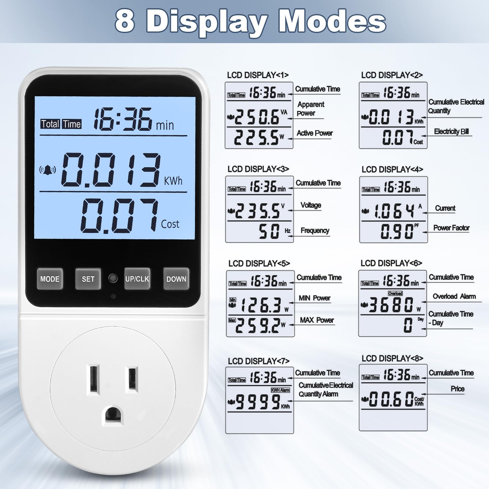 Mecheer watt meter plug digital display shows real time readings