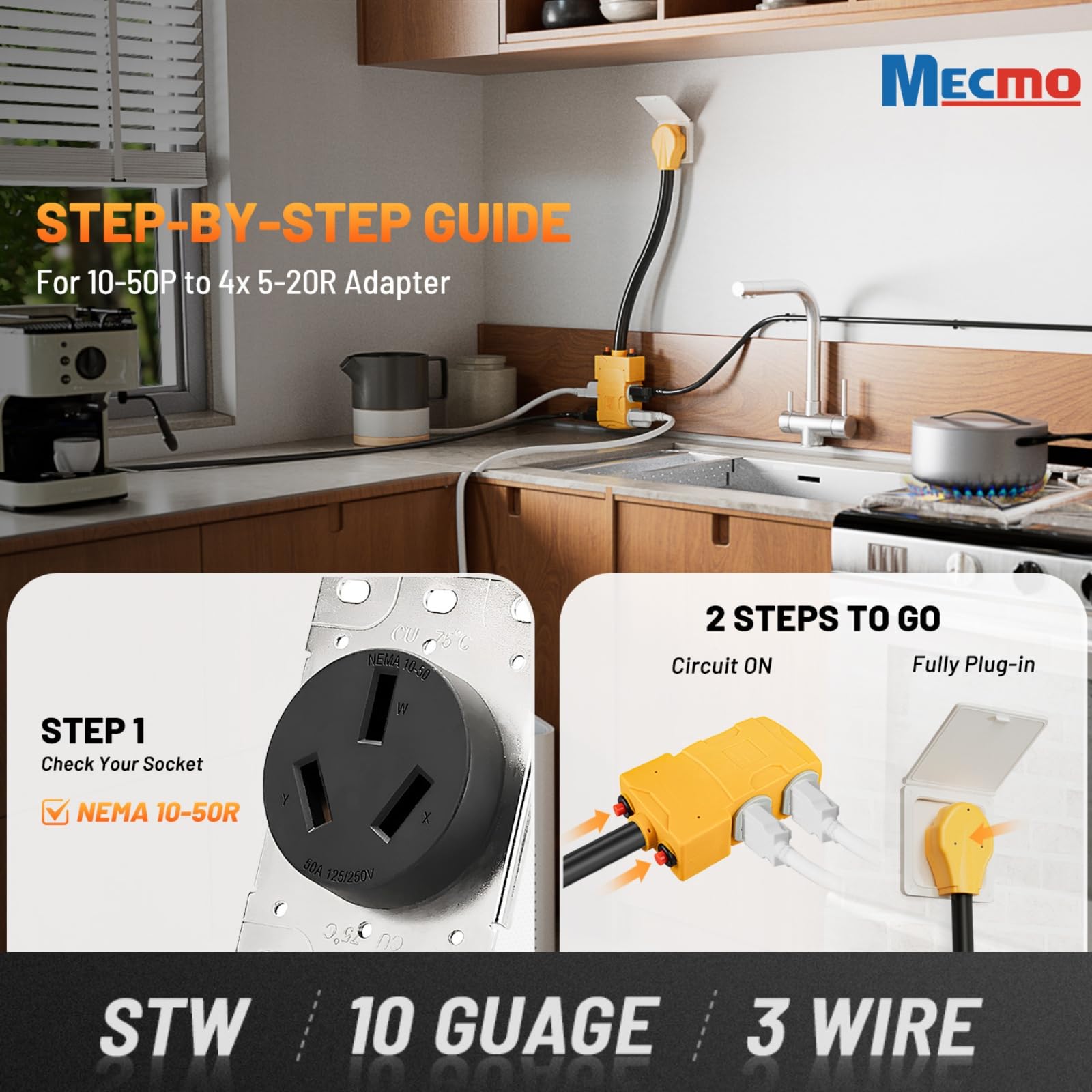 MECMO 50A adapter side view highlights sturdy cord and built-in safety features.