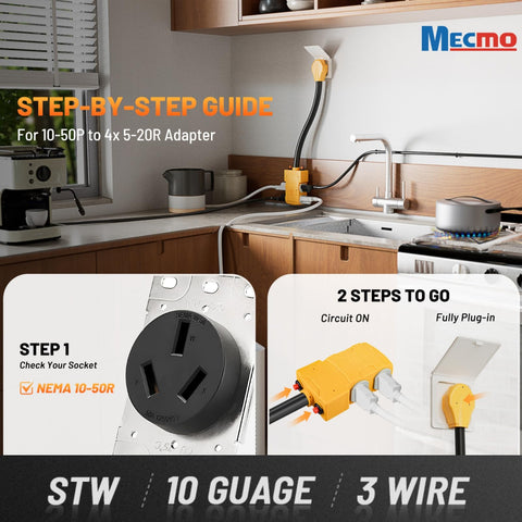 MECMO 50A adapter side view highlights sturdy cord and built-in safety features.