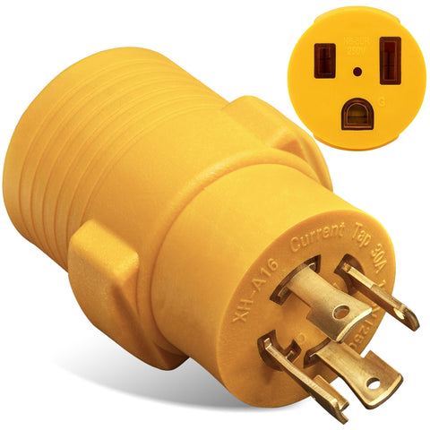 MECMO L14-30P to 6-50R adapter front view with locking plug for secure power