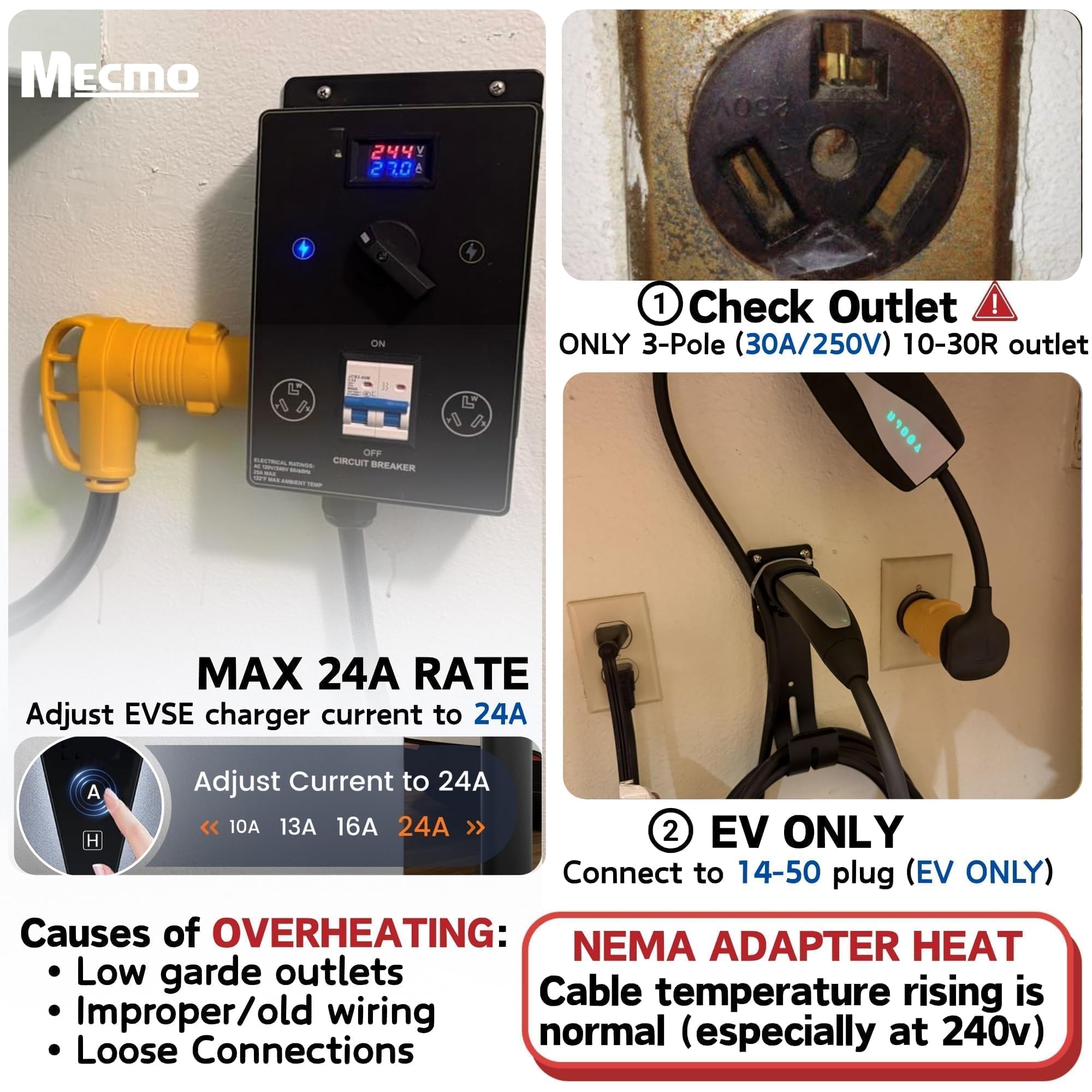 MECMO adapter linked to 14-50R receptacle enabling Level 2 charging.