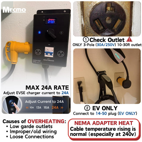 MECMO adapter linked to 14-50R receptacle enabling Level 2 charging.
