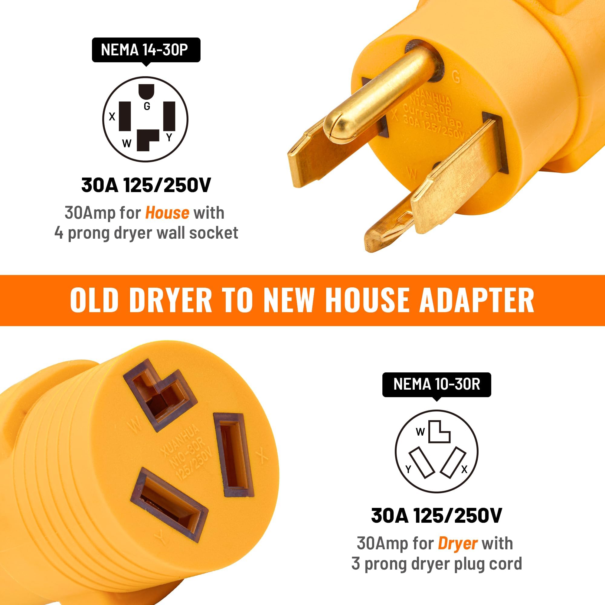 MECMO NEMA 14-30P to 10-30R adapter shown in compact molded housing