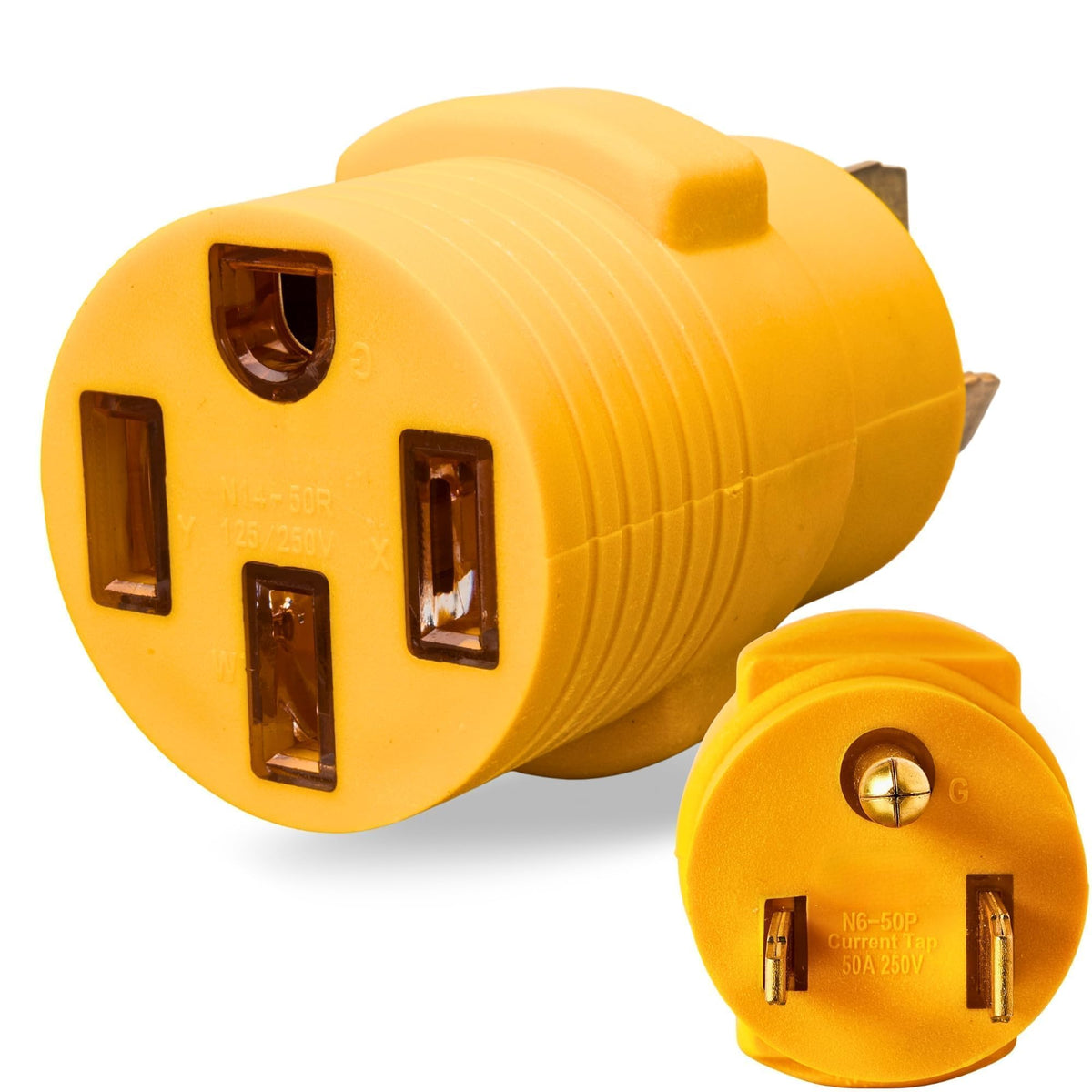MECMO NEMA 6-50P to 14-50R adapter front view for EV charging