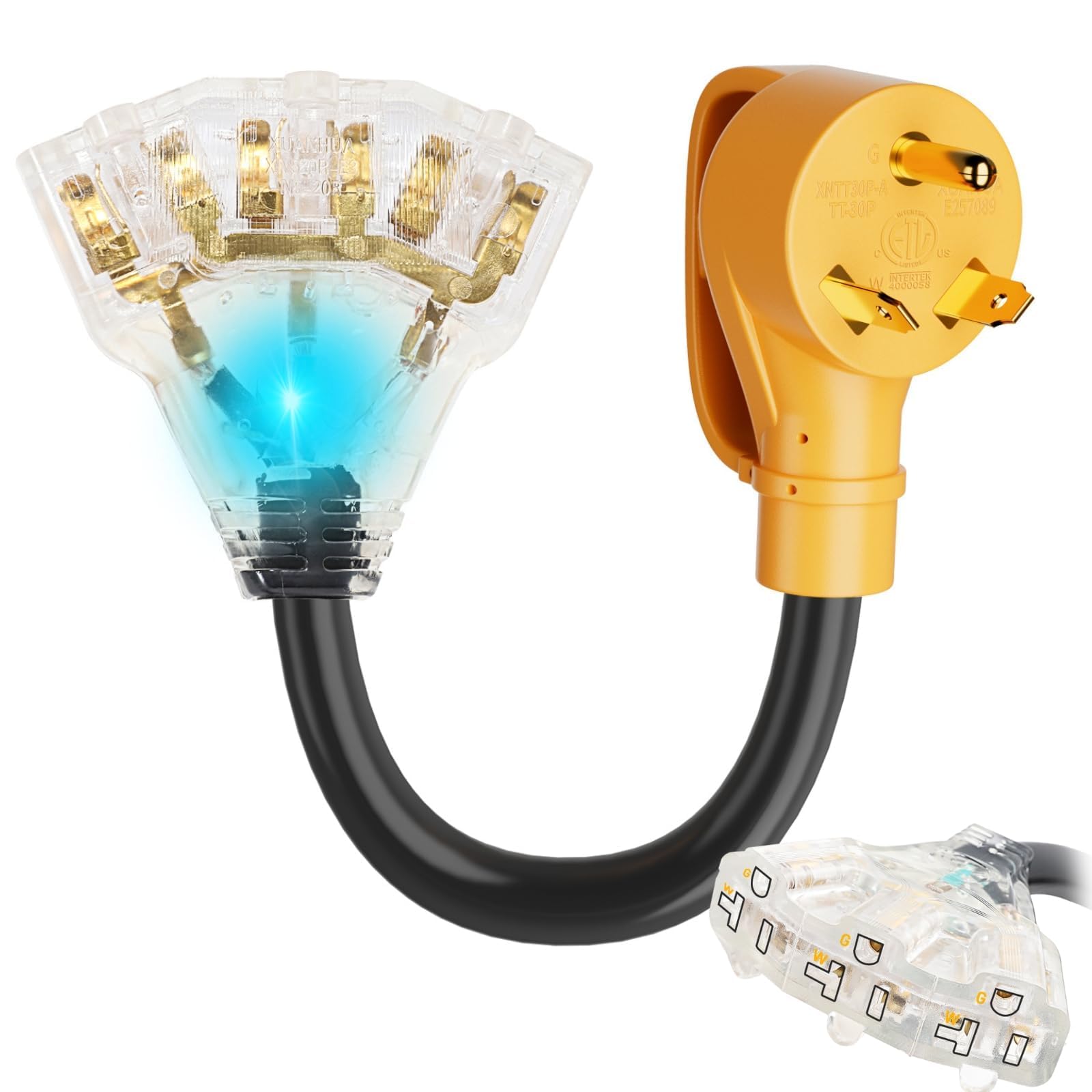 MECMO TT-30P to 3x 5-15R/5-20R outlets adapter shows compact RV power expansion