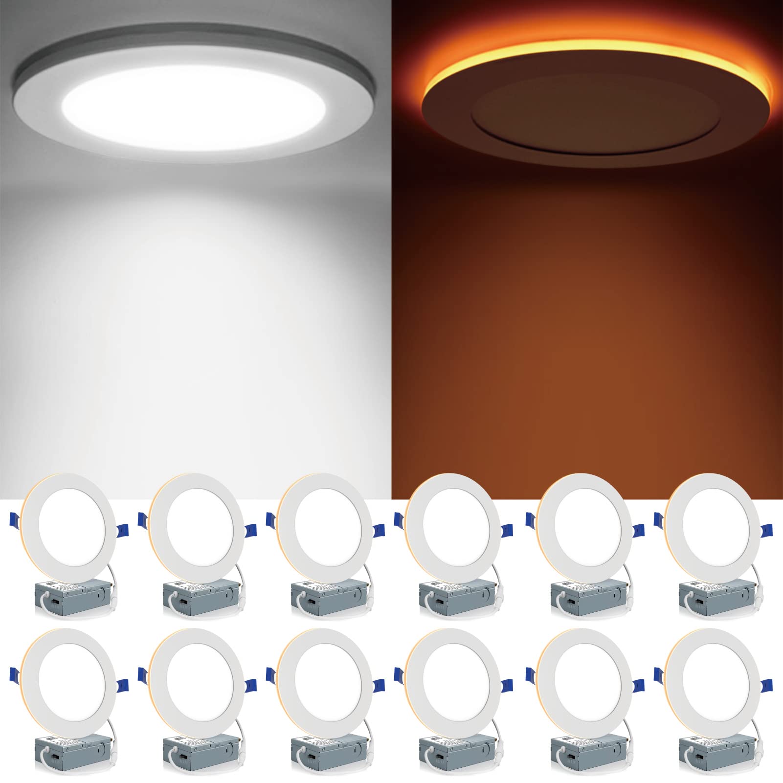 Meconard 12-pack 6-inch canless downlights create a clean ceiling finish.