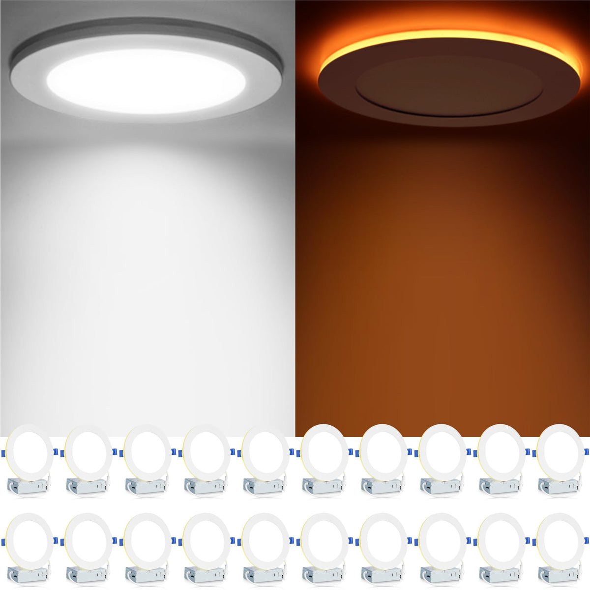 Meconard 6-inch LED recessed light emits a gentle amber night glow for safe navigation.