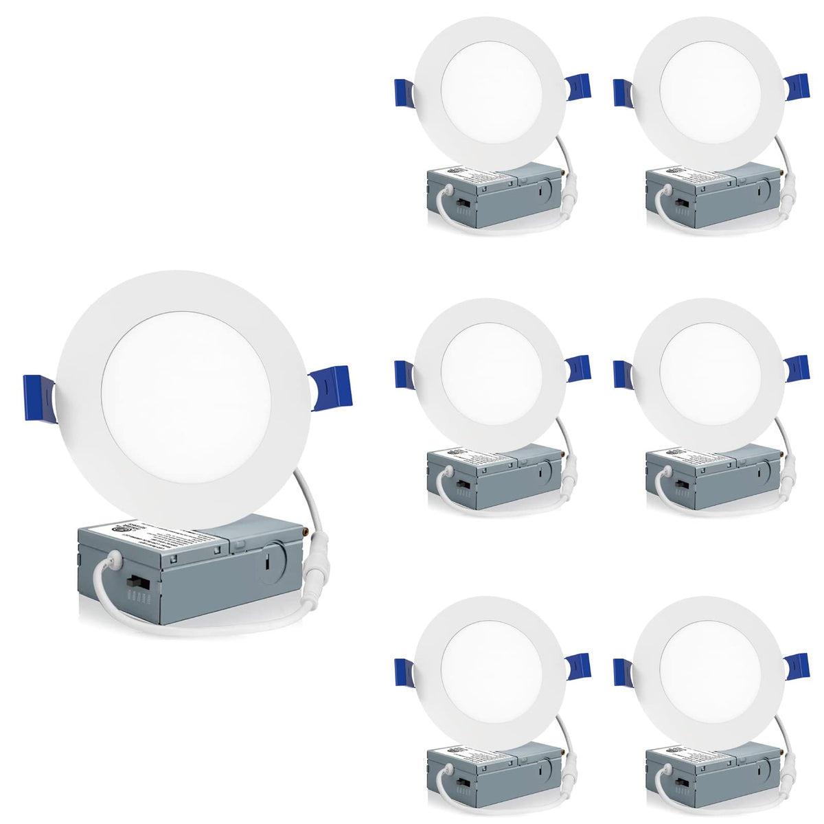 Meconard 6-pack 4-inch LED recessed lights with J-box for versatile ceiling lighting.