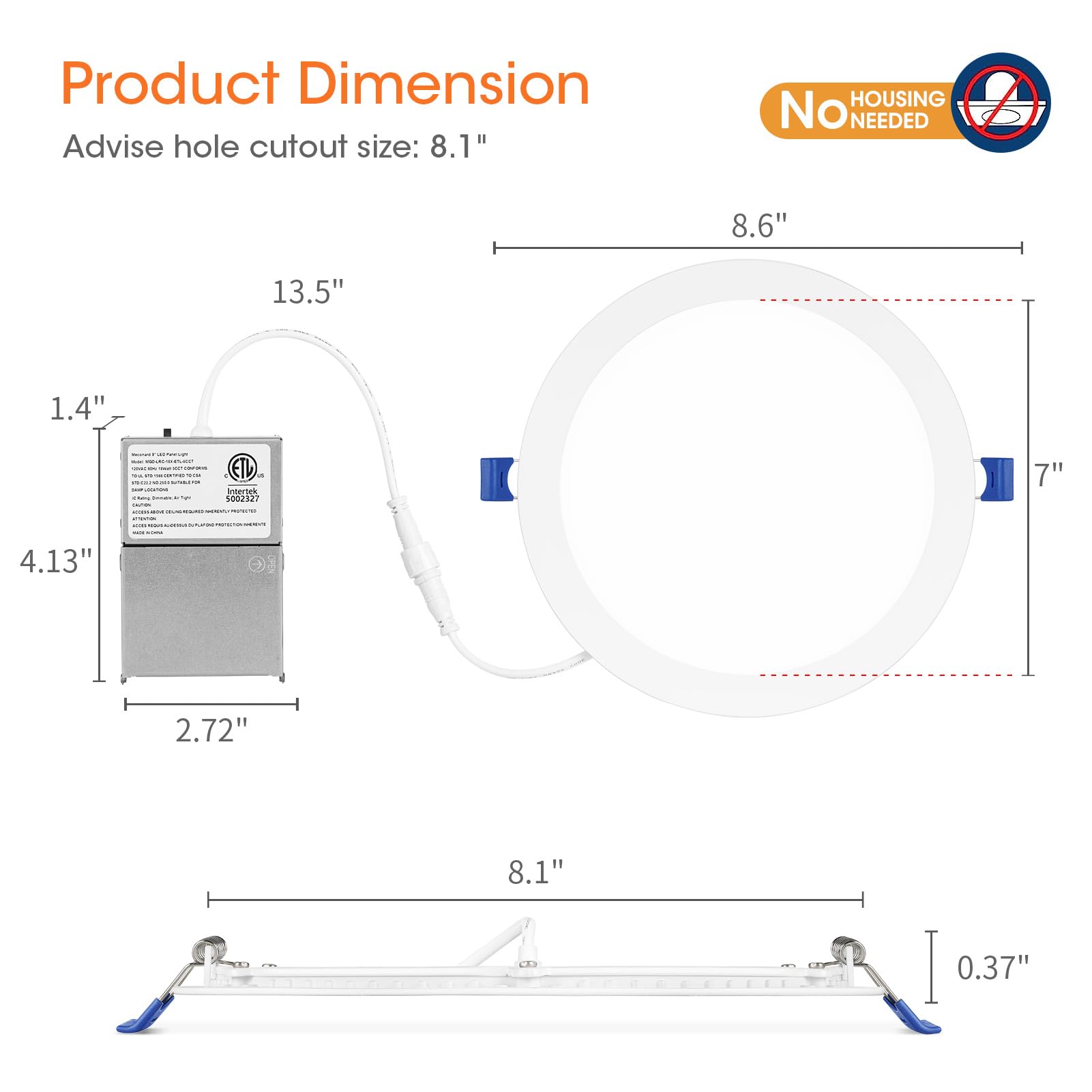 Meconard 8-inch canless downlight at 2700K for warm ambiance.
