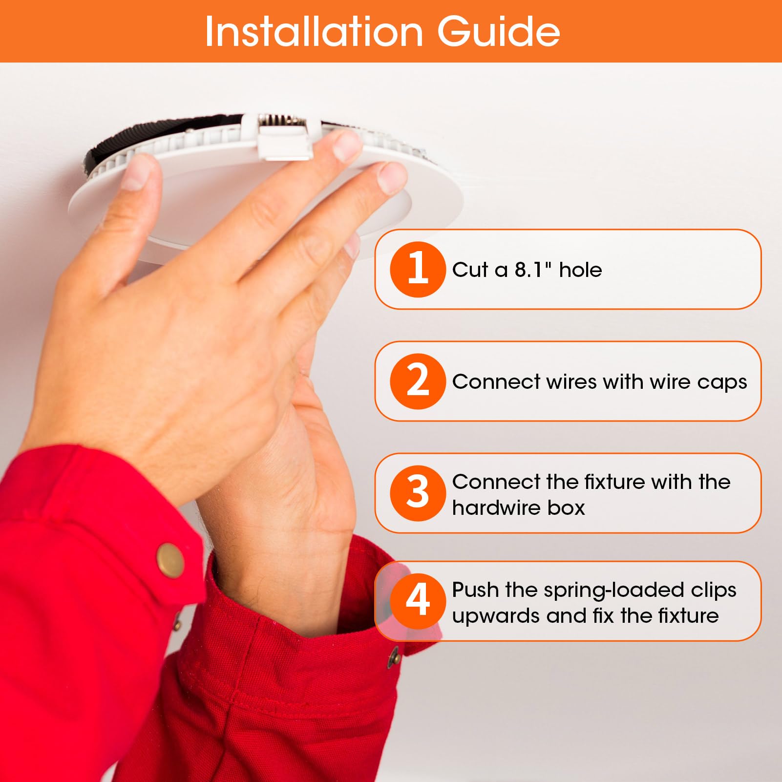 Meconard 8-inch canless downlight with 3500K–5000K range for versatile daylight.