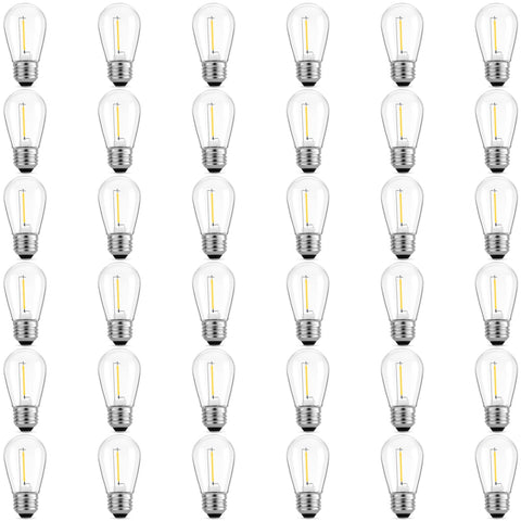 Meconard S14 LED bulbs for outdoor lights with shatterproof plastic housing.